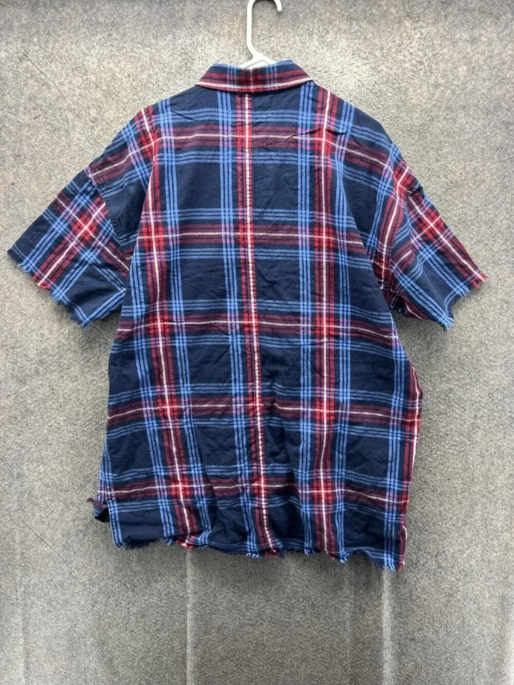 True Religion Shirt Men XL Blue Plaid Short Sleeve Button Up Fringe Hem Slouch